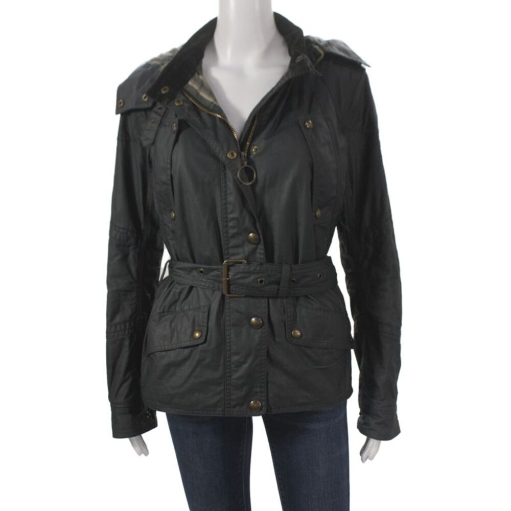 Belstaff Women Black Plaid Motorcycle Jacket Button Cotton Size 46